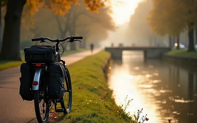 Vélo chargé au bord d'un canal, lumière du matin, allure tranquille
